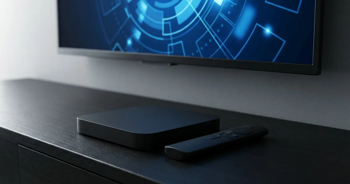 An Android TV box and remote beside a wall-mounted television