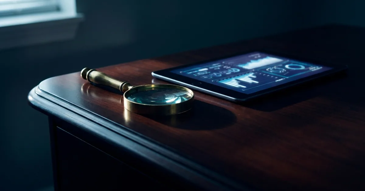Magnifying glass beside a glowing tablet on a dark desk