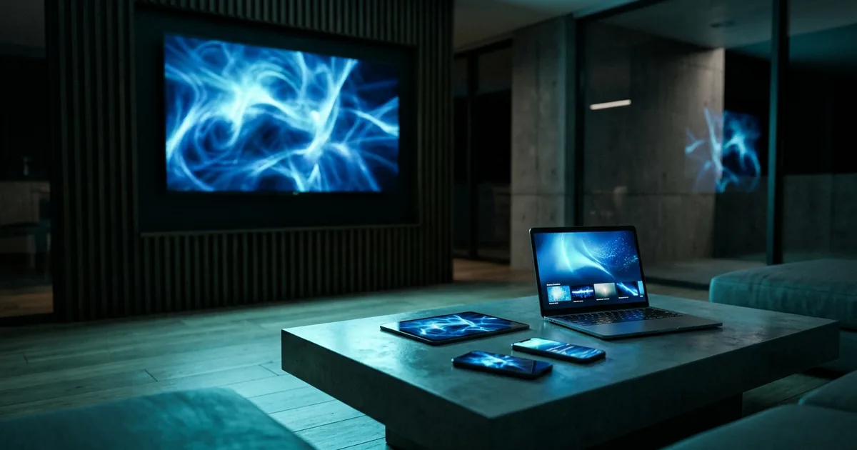 Several screens streaming simultaneously in a dark room
