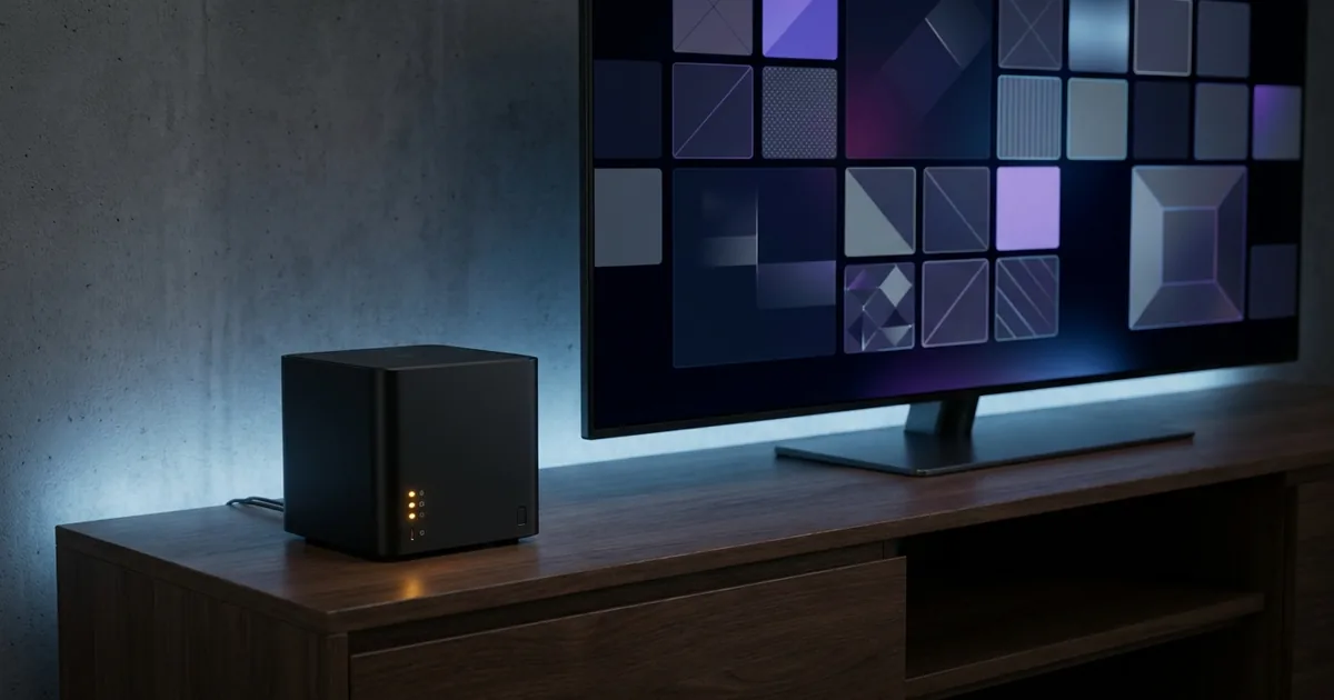 A compact media server beside a television showing a media library
