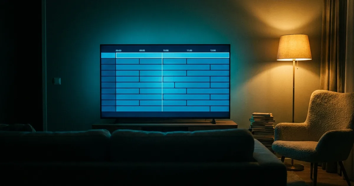 Television at night showing a programme guide grid