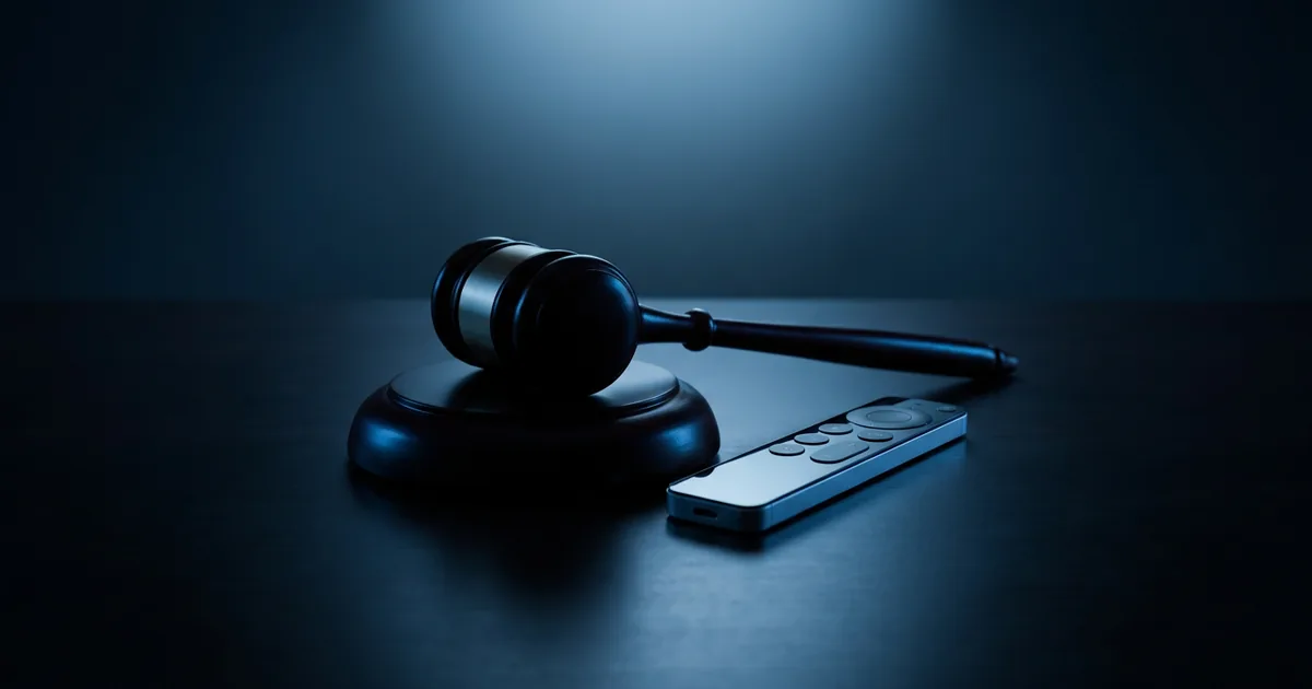 A gavel beside a television remote on a dark surface