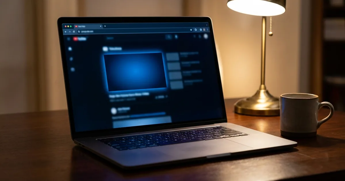 A laptop on a dark desk showing a browser video player