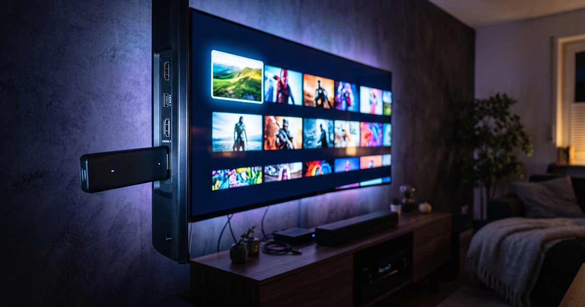 A streaming stick plugged into the HDMI port of a wall-mounted 4K television