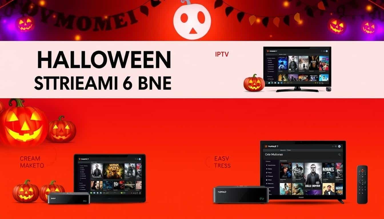Nomad IPTV Halloween Streaming Offers with jack-o-lanterns and streaming devices