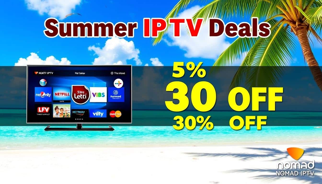 Summer IPTV Deals promotional banner showing beach scene with TV and discount percentages